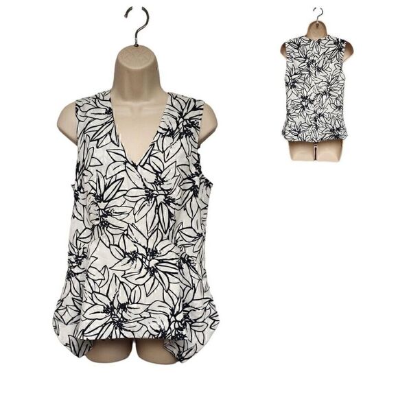 Ellen Tracy V-Neck Asymmetric Hem Multicolor White & Black Blouse Size Medium - Picture 1 of 5